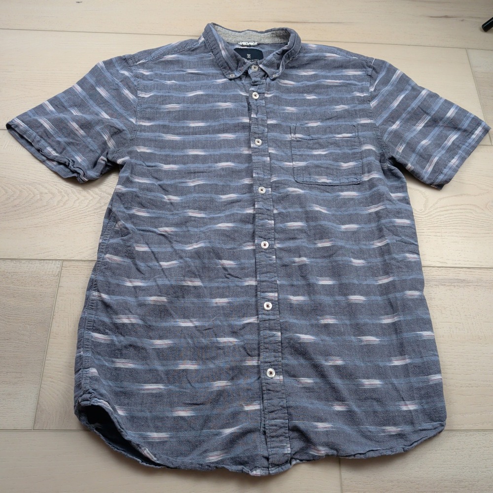 Roark Revival Mens Large Blue Gray Ikat Stripe Short Sleeve Button Down Shirt